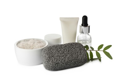 Photo of Pumice stone, cosmetic products and green leaf on white background