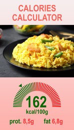 Image of Weight loss concept. Calories calculator app with image of tasty dish and its caloric content