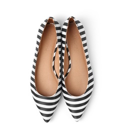 Photo of Pair of female shoes on white background, top view