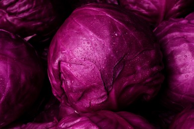 Photo of Many fresh ripe red cabbages as background, closeup