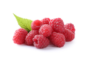 Photo of Fresh ripe raspberries with leaf isolated on white