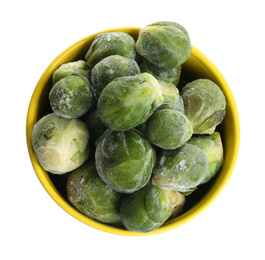 Photo of Frozen Brussels sprouts in bowl isolated on white, top view. Vegetable preservation