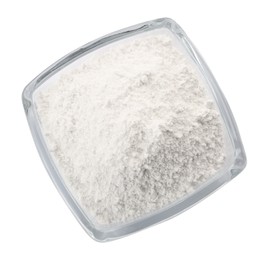 Photo of Bowl of tooth powder on white background, top view