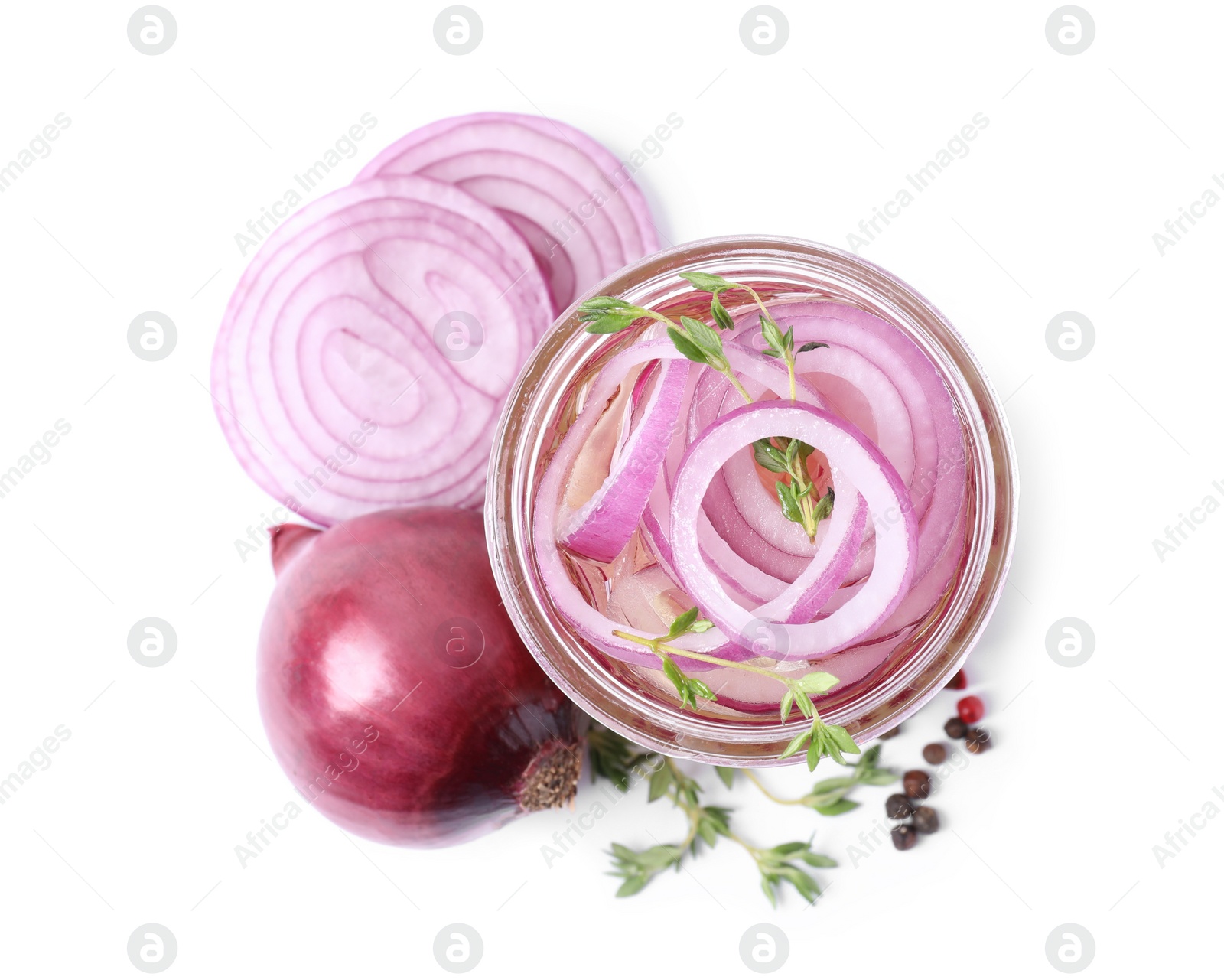 Jar of pickled onions on white background, top view Photo of Jar of pickled onions on white background, top view