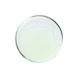 Petri dish with liquid isolated on white, top view