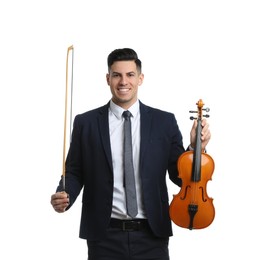 Photo of Man with violin and bow on white background. Music teacher