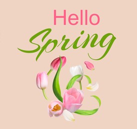 Image of Hello Spring card. Beautiful tulips on beige background