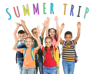 Image of Group of little school children with backpacks on white background. Summer trip