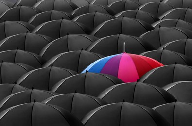 Image of Colorful umbrella standing out of other ones 