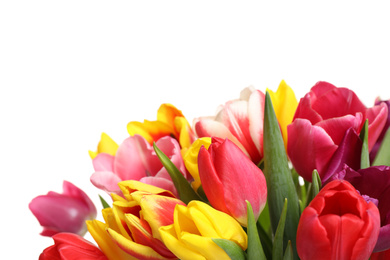 Photo of Beautiful bright spring tulips on white background