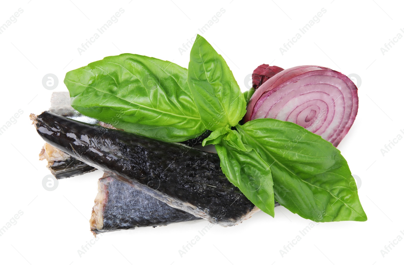Photo of Canned mackerel fillets with red onion rings and basil on white background
