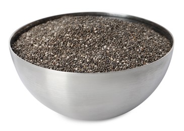 Photo of Metal bowl with chia seeds isolated on white