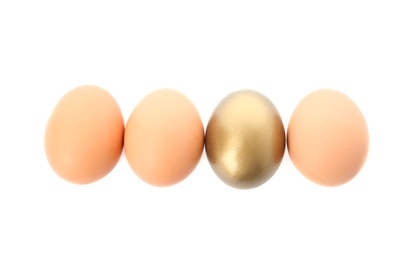 Photo of One golden egg among others on white background, top view