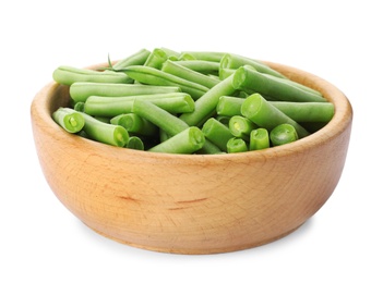 Photo of Fresh green beans in wooden bowl isolated on white