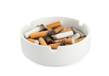 Photo of Ceramic ashtray with cigarette stubs isolated on white