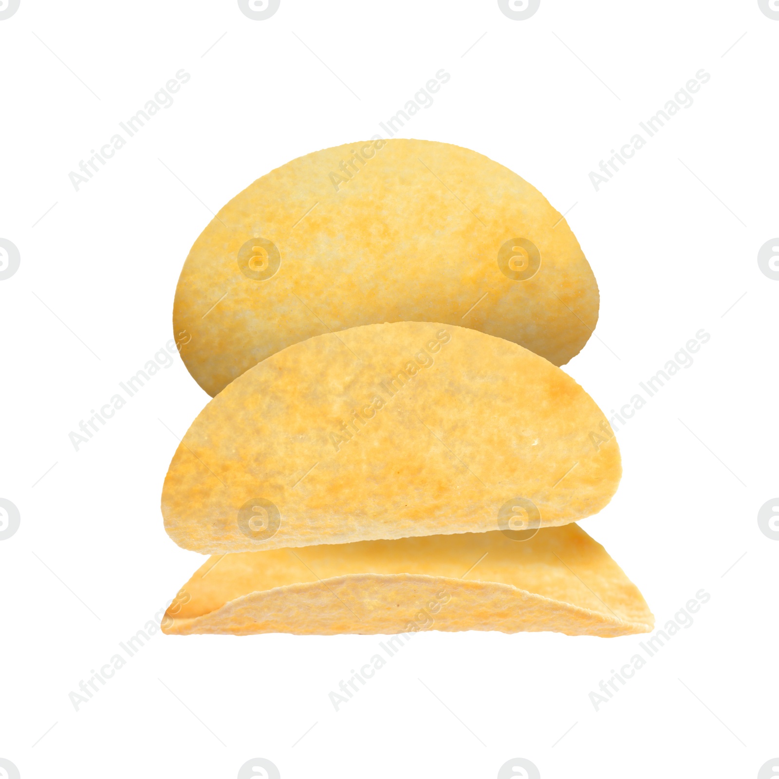 Image of Stack of tasty potato chips on white background