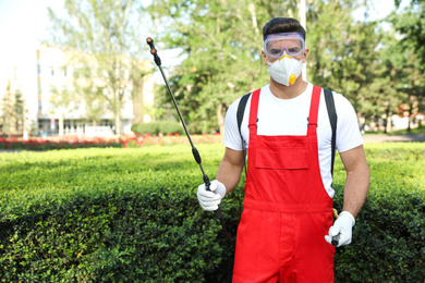 Photo of Worker with insecticide sprayer near green bush outdoors. Pest control