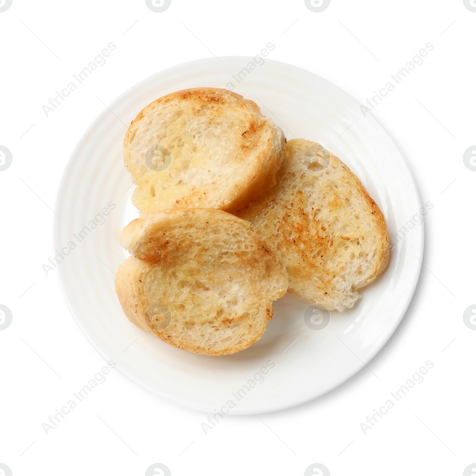 Photo of Pieces of toasted bread isolated on white, top view