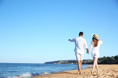 Photo of Lovely couple walking on beach, back view. Space for text