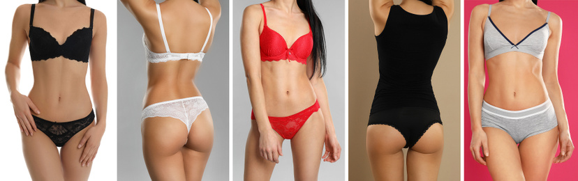 Image of Collage of young woman in underwear on color backgrounds. Banner design 