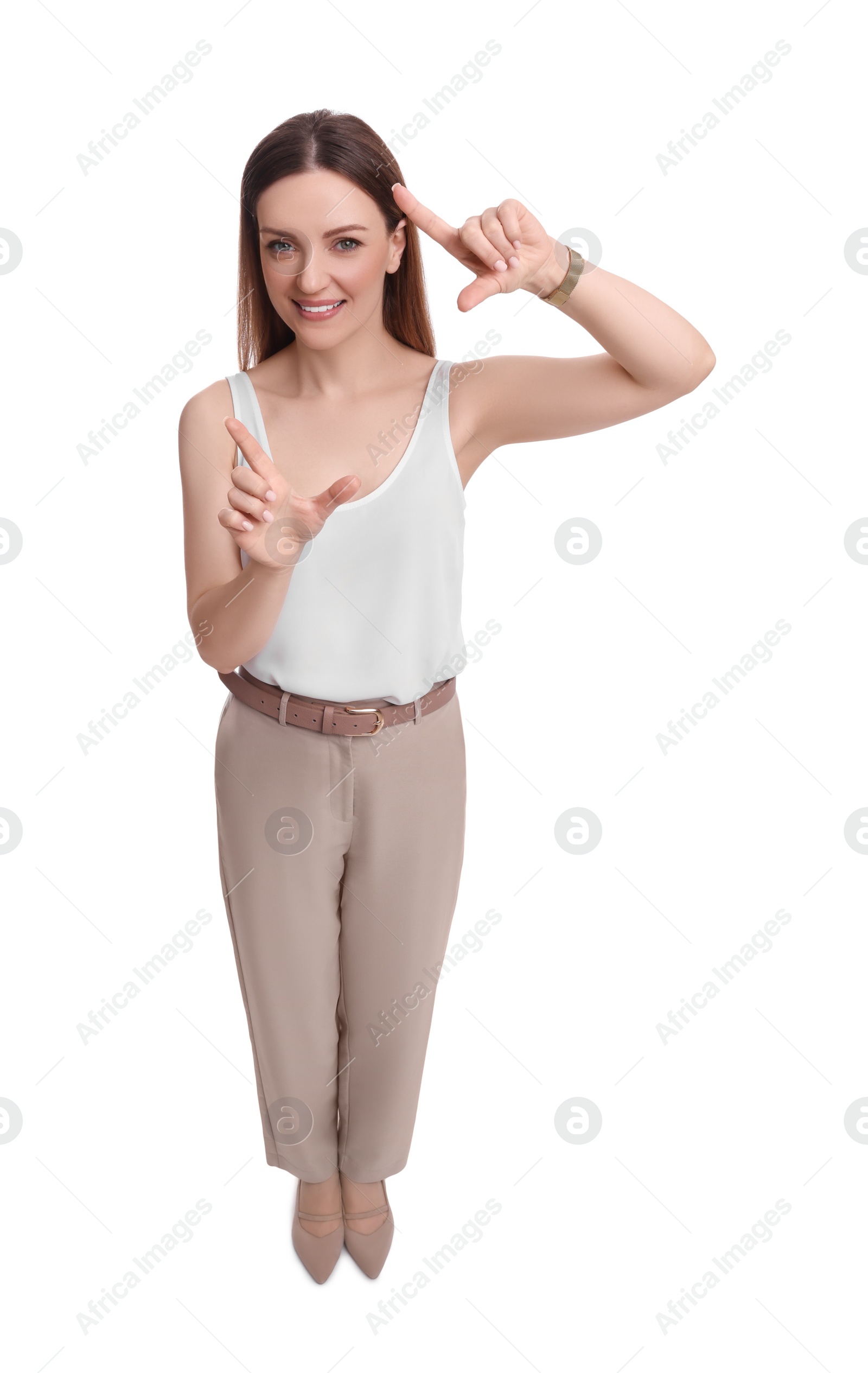 Photo of Beautiful happy businesswoman on white background, above view