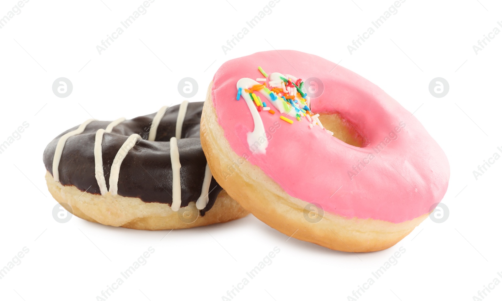 Photo of Sweet tasty glazed donuts on white background