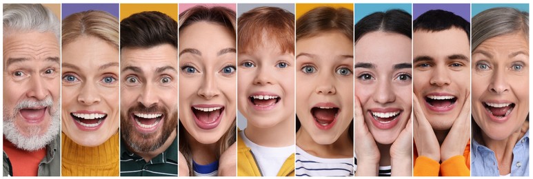 Image of Collage with photos of surprised people on different color backgrounds