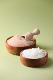 Photo of Different salt in bowls and scoop on green background