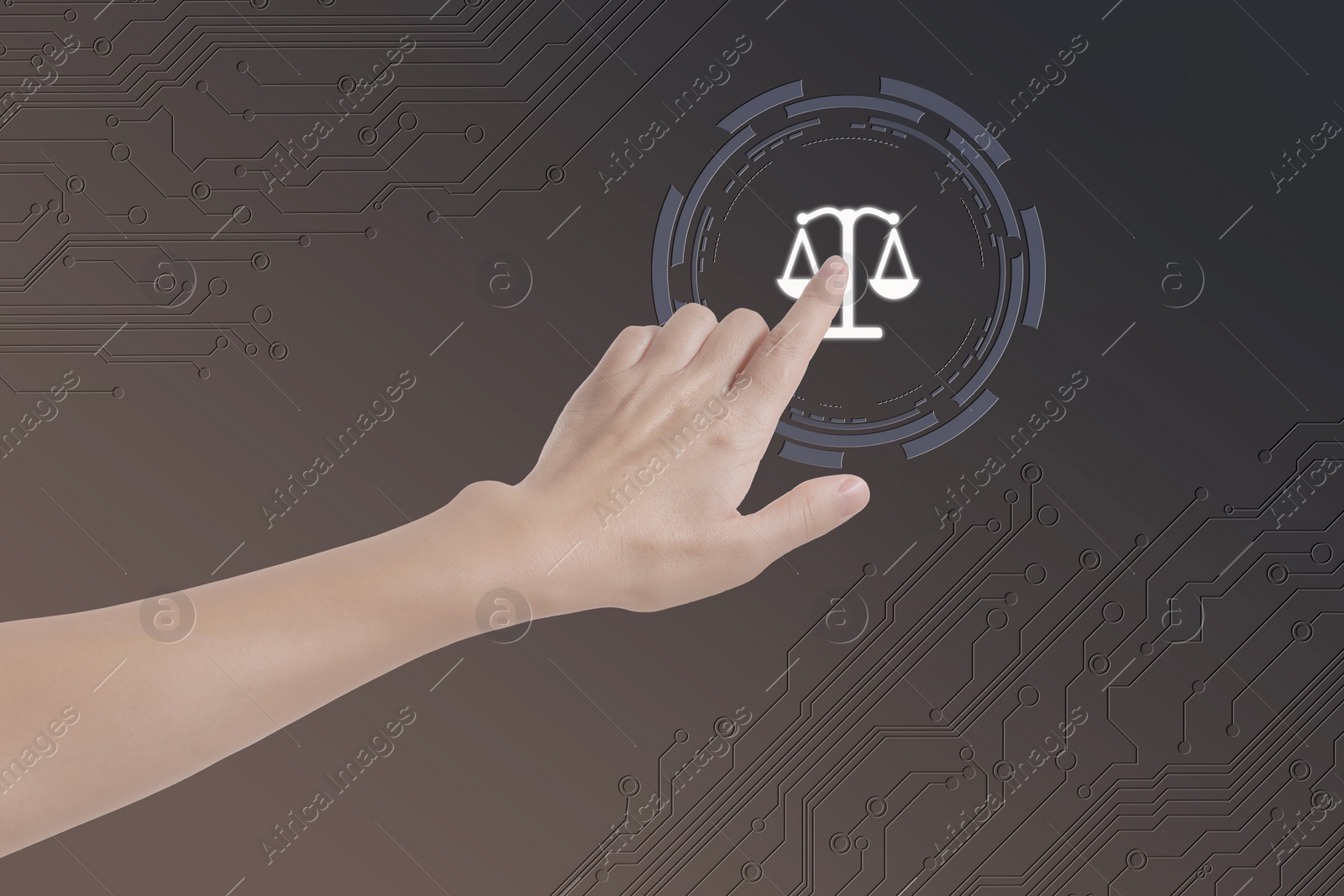 Image of Lawyer touching virtual screen with scales icon, closeup 