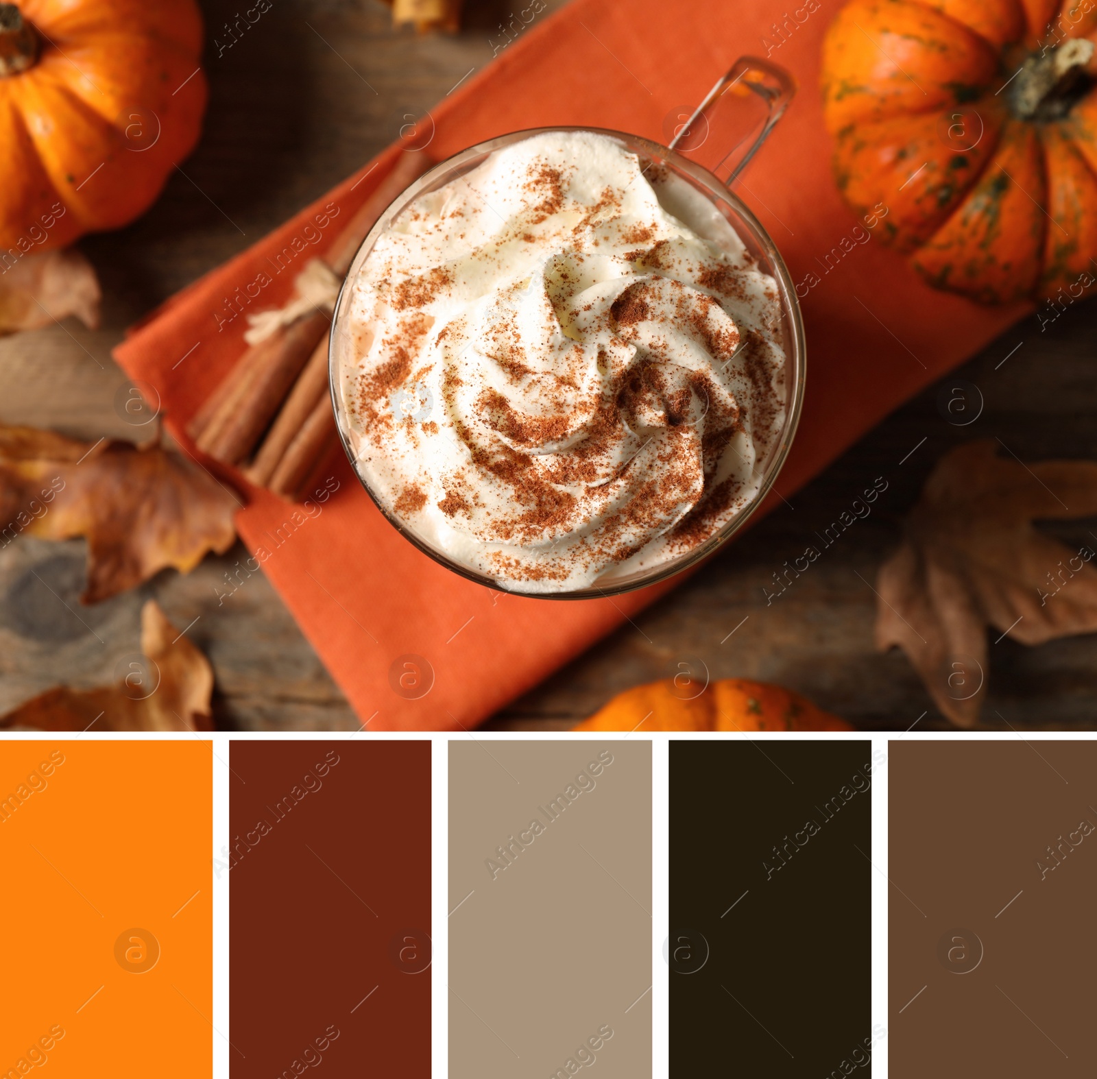 Image of Palette of autumn colors and delicious pumpkin latte on table, top view