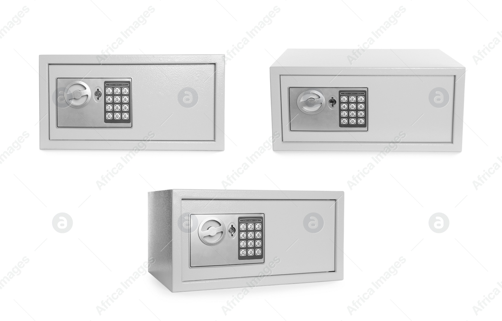 Image of Set of steel safes with electronic lock on white background