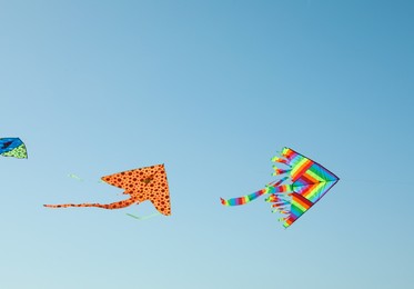 Photo of Bright rainbow kites in blue sky, low angle view