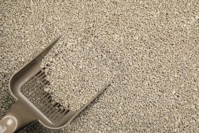 Clay cat litter with plastic scoop, top view