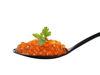 Photo of Spoon with delicious red caviar and parsley isolated on white