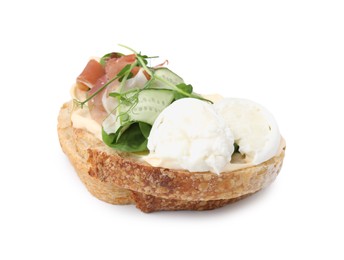 Photo of Tasty sandwich with burrata cheese, prosciutto and cucumber isolated on white