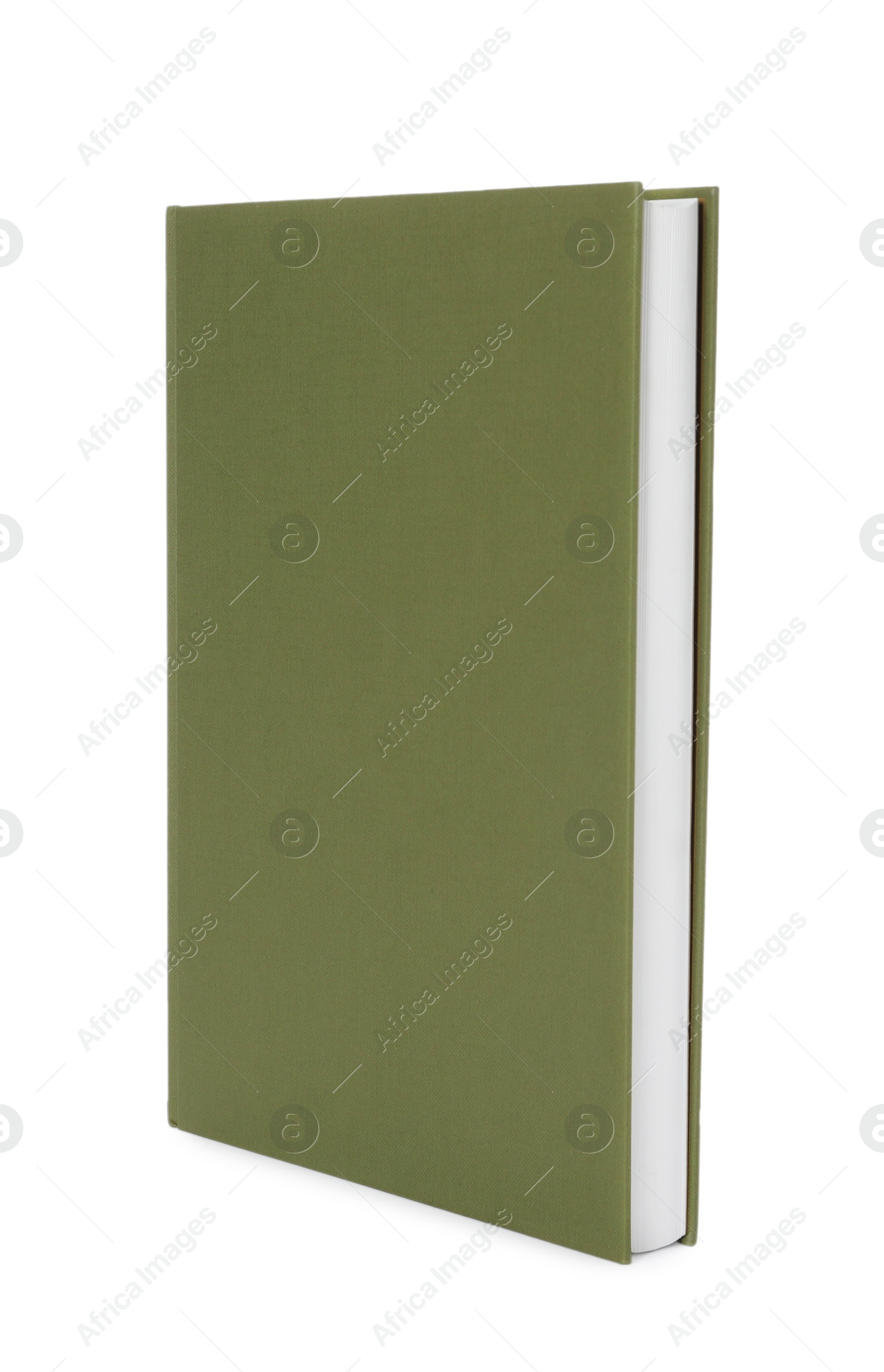 Photo of Closed book with olive hard cover isolated on white