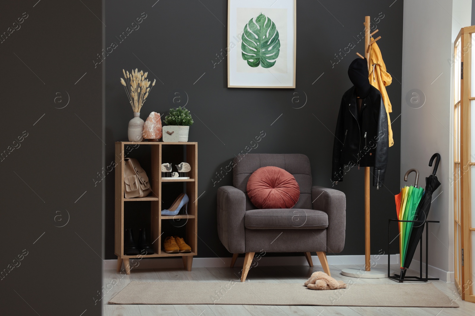 Photo of Modern hallway interior with stylish furniture and decorative elements