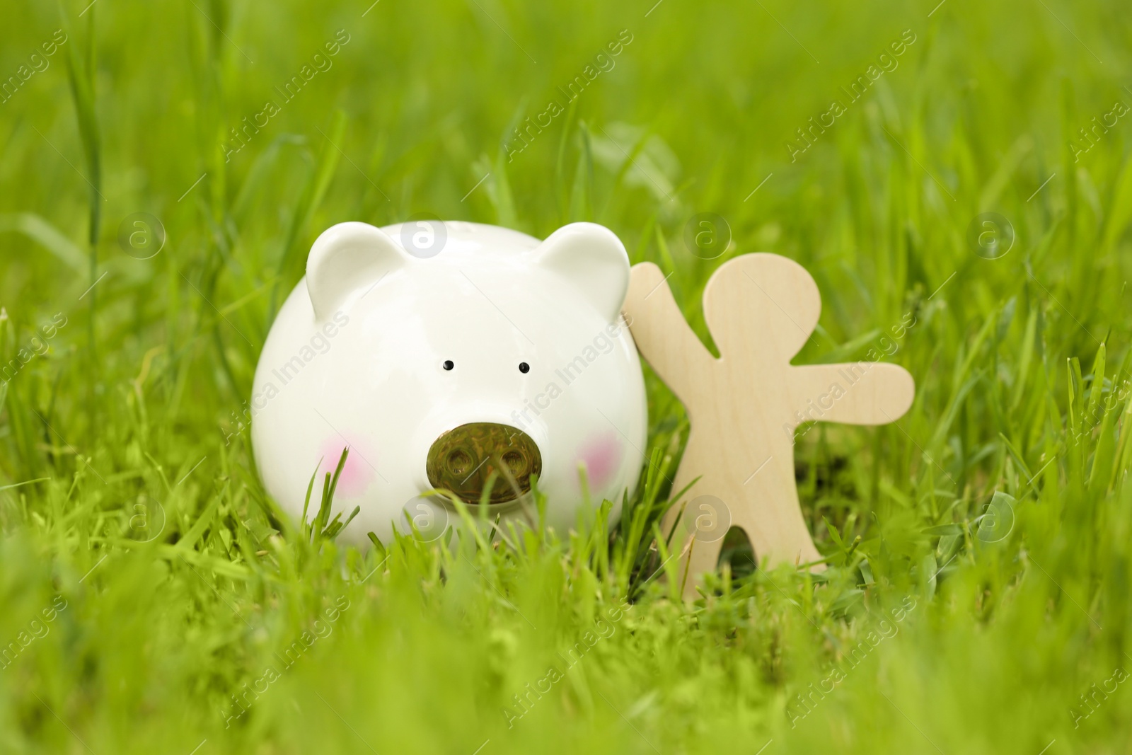 Photo of Cute piggy bank and wooden person on green grass in park