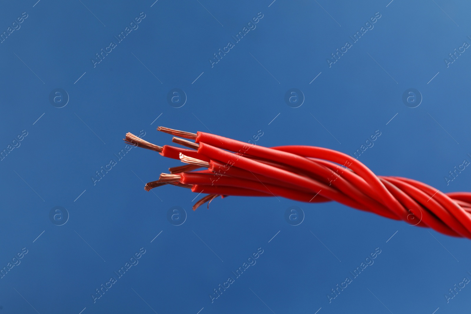 Photo of Closeup view of electrical power cables on blue background
