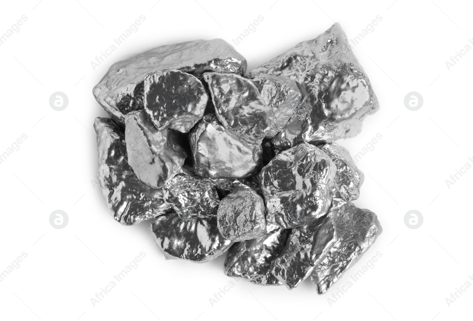 Photo of Pile of silver nuggets isolated on white, top view