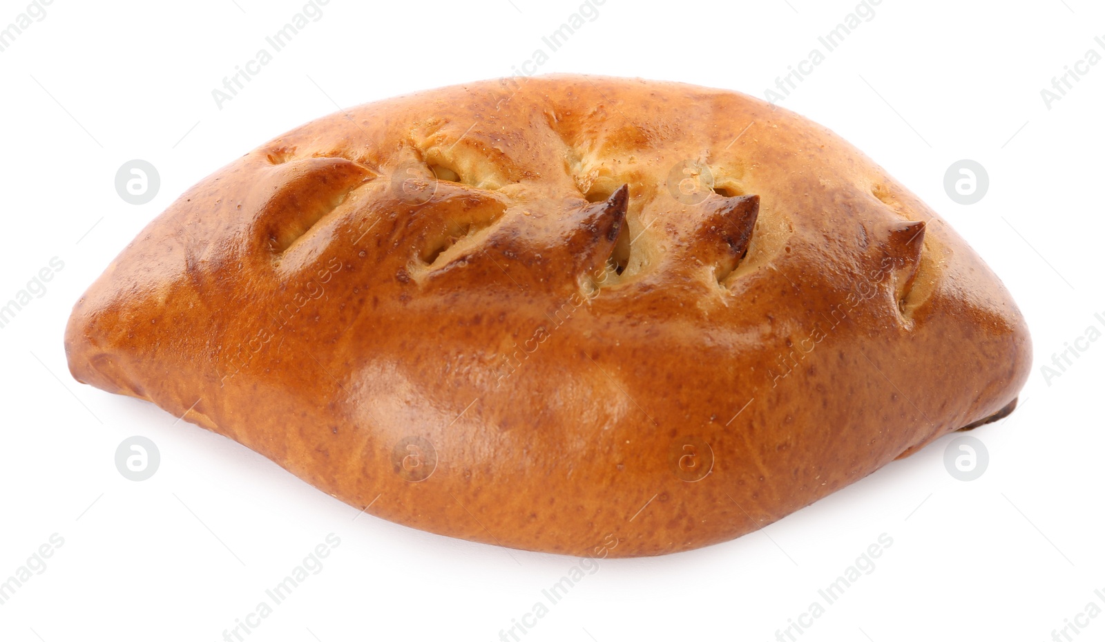 Photo of One delicious baked patty on white background