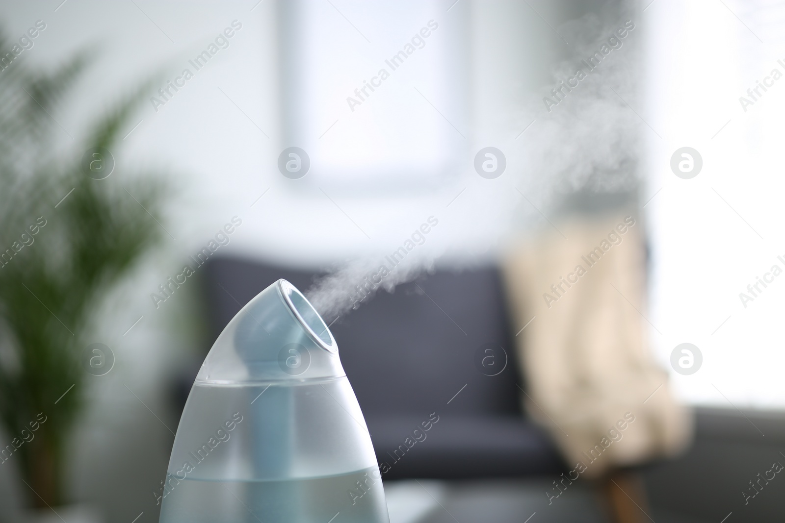 Photo of Modern air humidifier indoors, closeup. Space for text