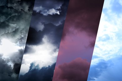Image of Photos of sky during different weather, collage. Meteorology, forecast, climate change
