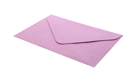 Photo of Pink paper envelope isolated on white. Mail service