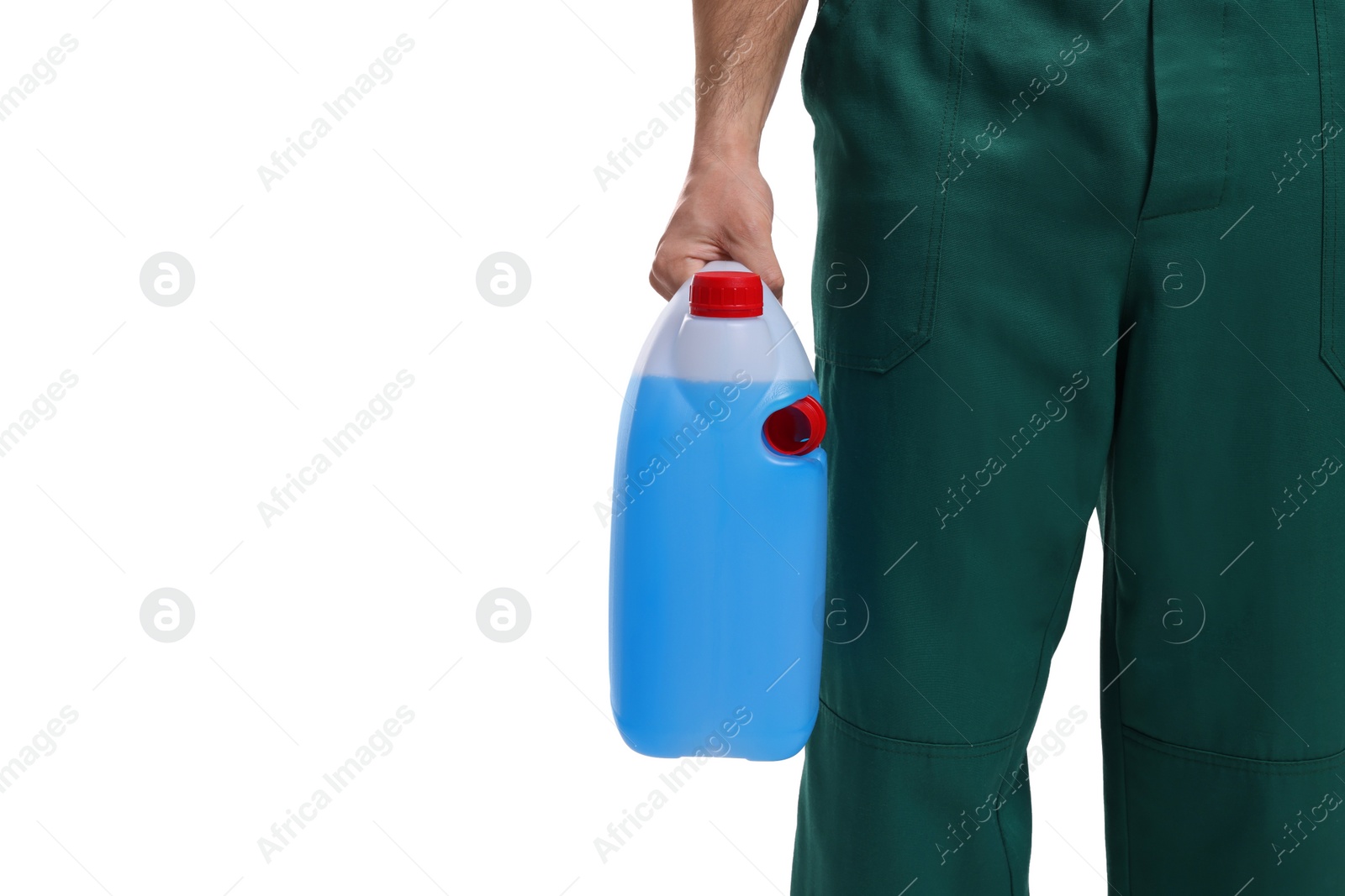 Photo of Man holding canister with blue liquid on white background, closeup