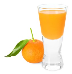 Photo of Tasty tangerine liqueur in shot glass and fresh fruit isolated on white