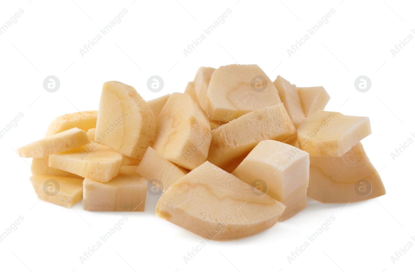 Photo of Tasty cut fresh ripe parsnip on white background