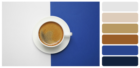 Black coffee on bright background, top view. Color of the year 2020 (Classic blue)