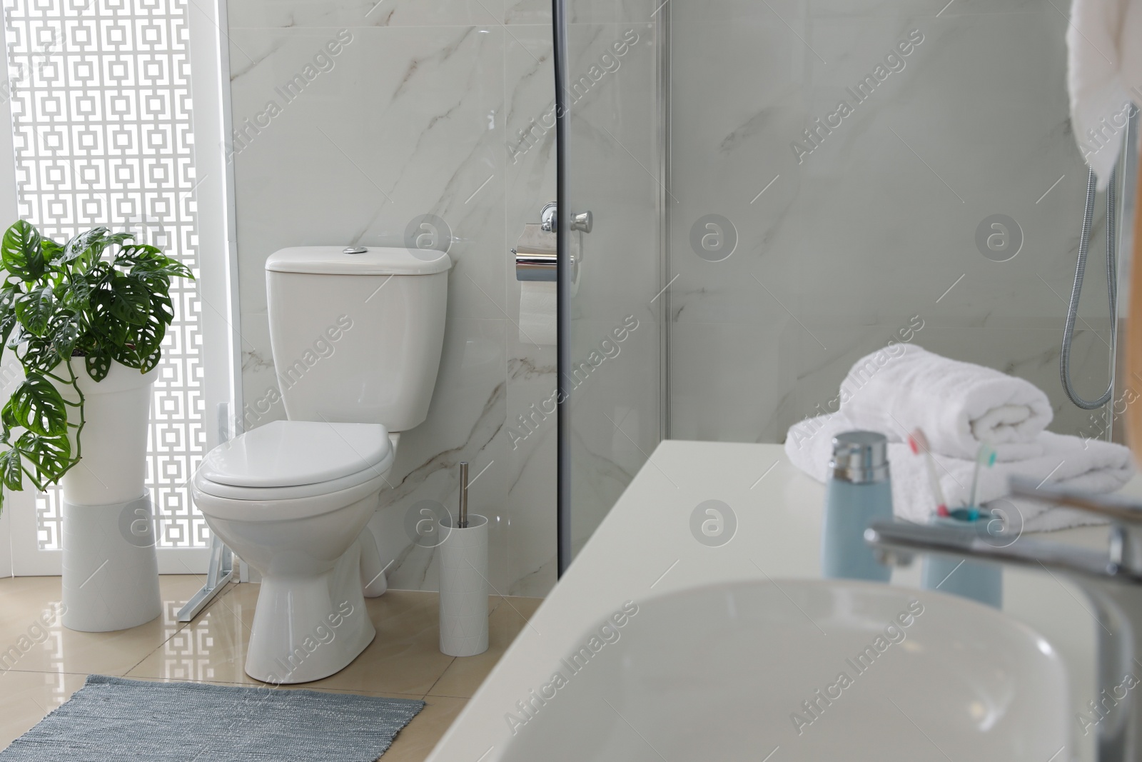 Photo of Toilet bowl near shower stall in modern bathroom