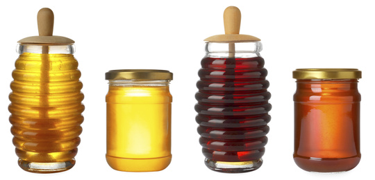 Image of Set of different jars with organic honey on white background